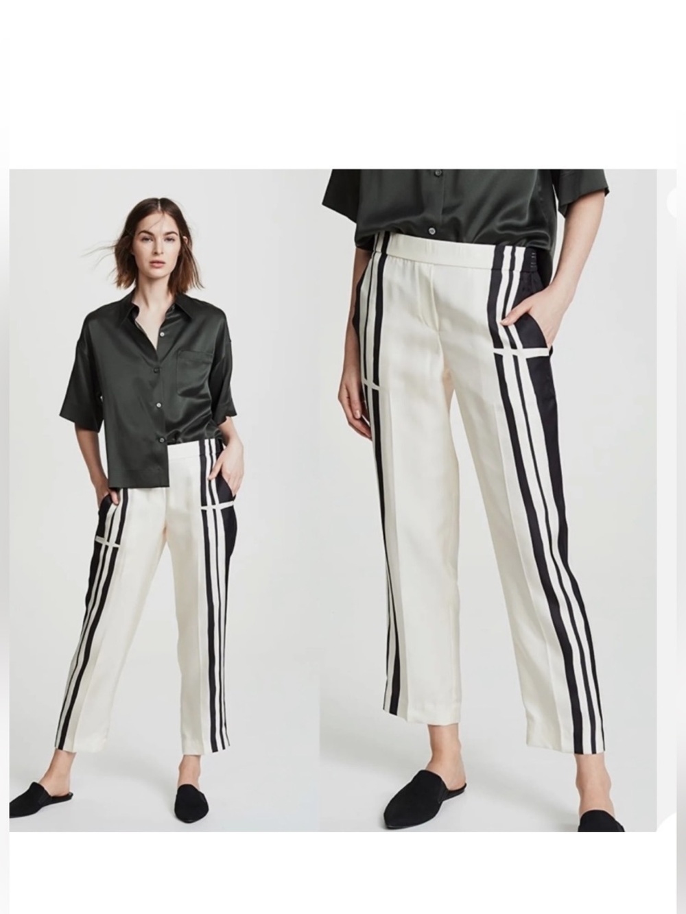 Theory Black & White Stripe Trousers Pants women 2 pull on 100% silk lux event